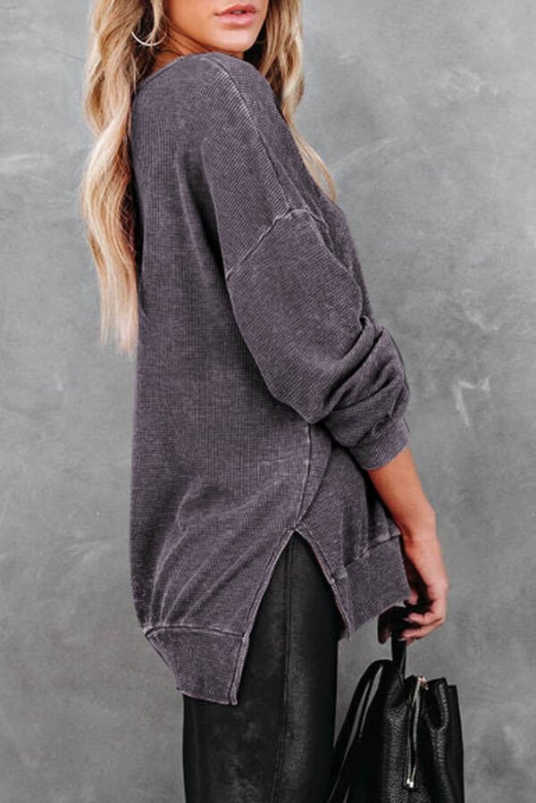 Gray Waffle Knit Side Slit Pullover Top