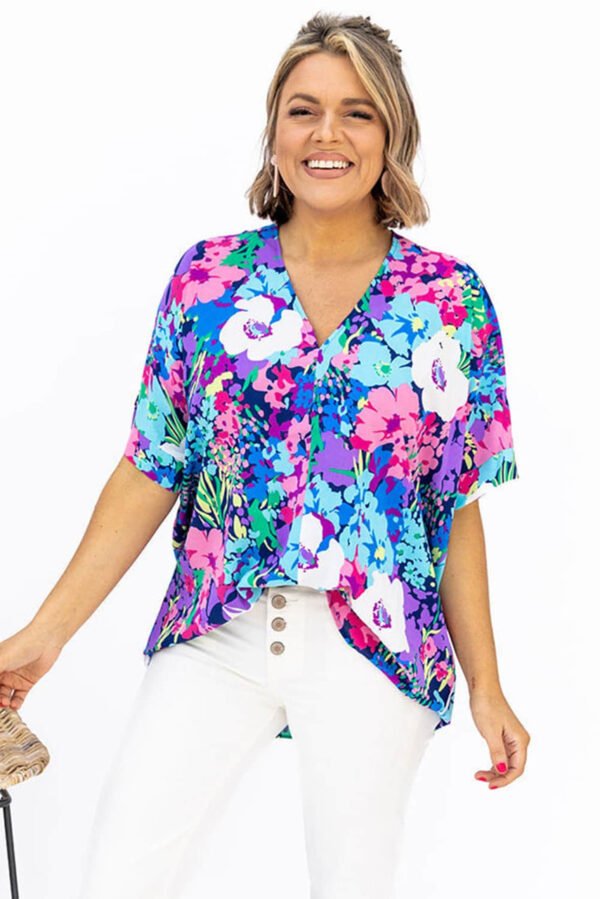 Multicolor V Neck Dolman Sleeve Plus Size Floral Blouse