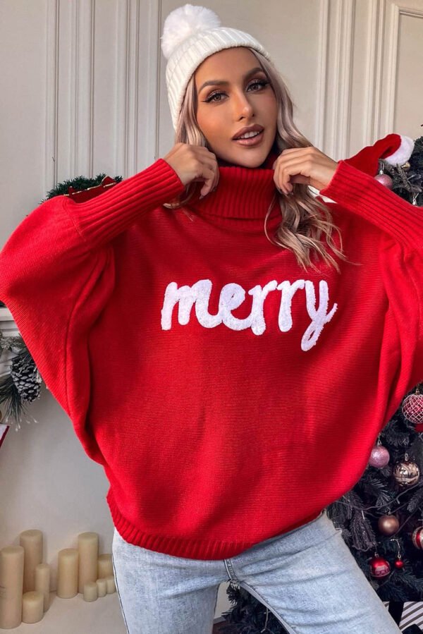 Red Merry Letter Embroidered High Neck Sweater