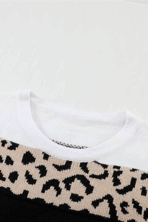 Orange Crewneck Leopard Color Block Knit Pullover Sweater