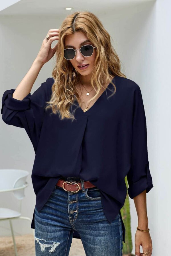 Blue V Neck 3/4 Sleeve High Low Hem Shirt