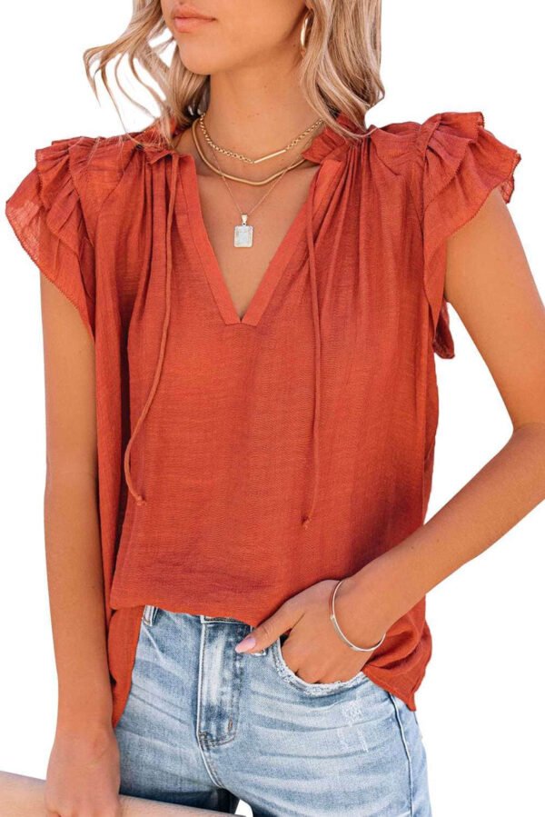 Tiered Ruffled Drawstring V Neck Top