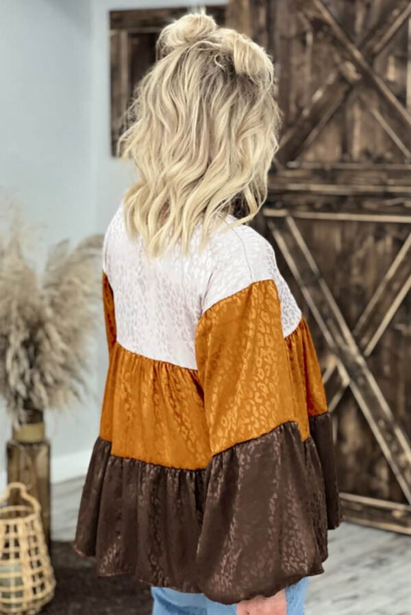 Leopard Color Block Balloon Sleeve Blouse