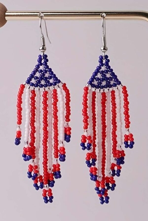 Fiery Red American Flag Beaded Fringed Hook Earrings