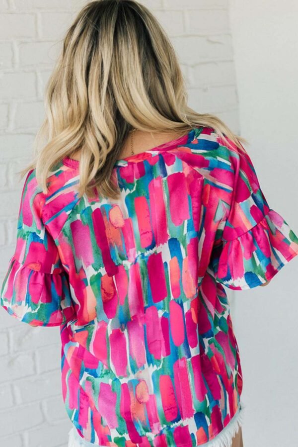 Rose Plus Brushstroke Ruffle Sleeve Button V Neck Blouse