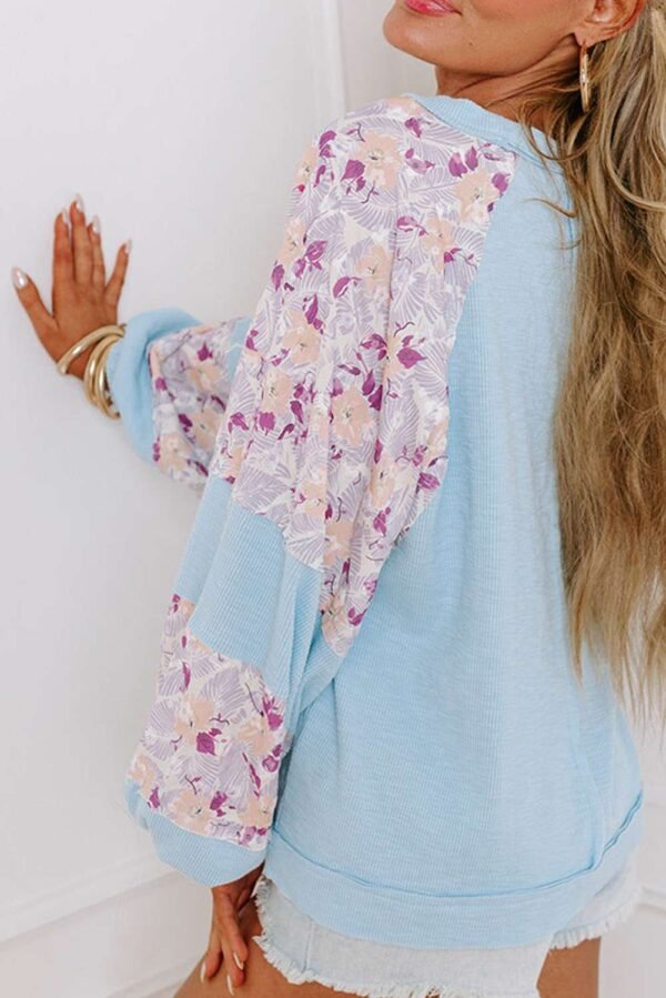 Beau Blue Textured Floral Patchwork Balloon Sleeve Blouse