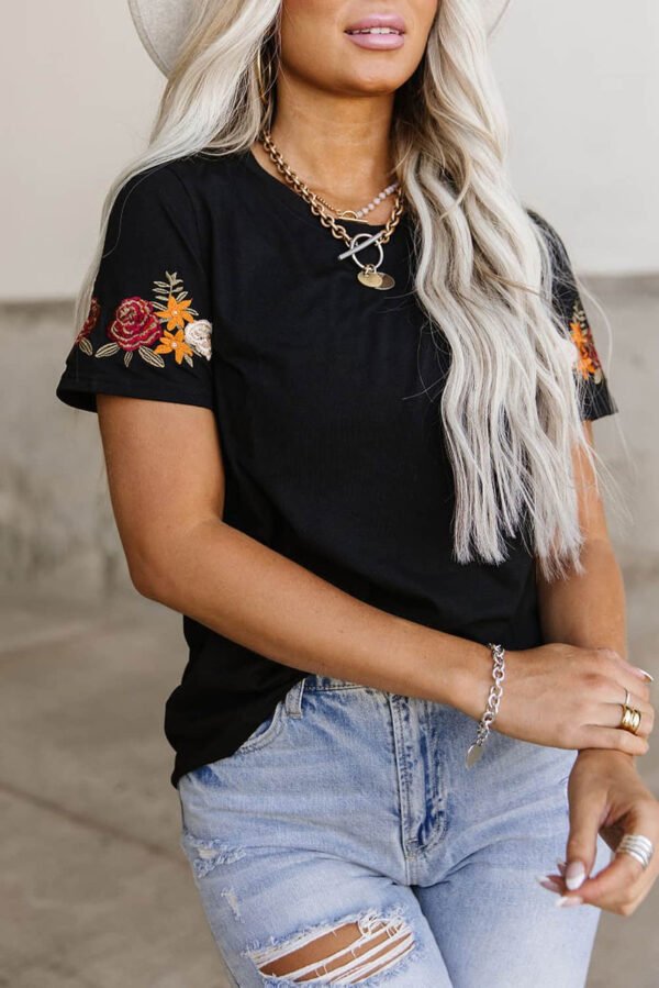 Black Floral Embroidered Round Neck Short Sleeve T Shirt