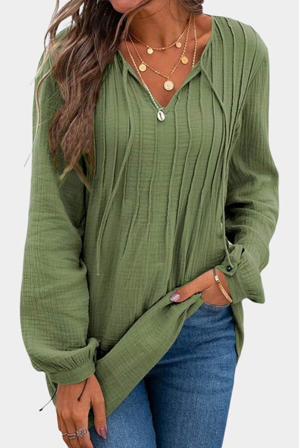 Green Casual Pleated V Neck Textured Loose Top