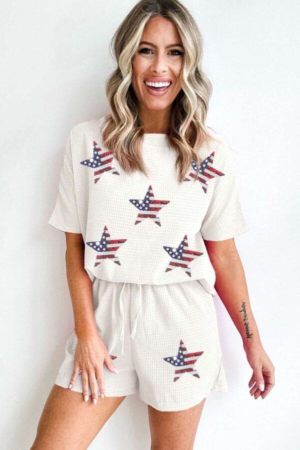 White Waffle Sequin American Flag Star Pattern 2Pcs Shorts Set