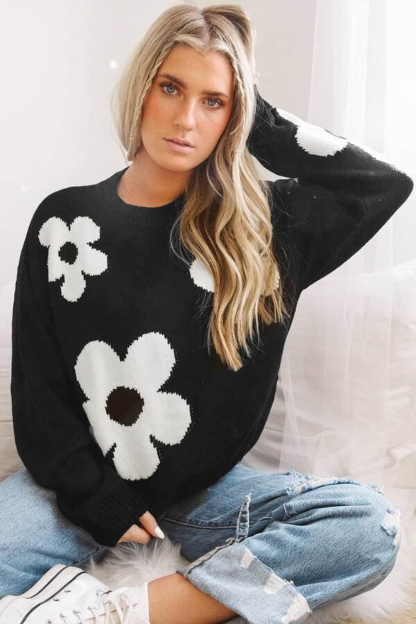 Black Big Flower Pattern Knit Sweater