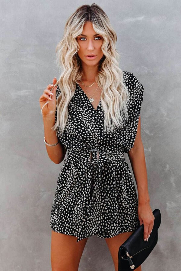 Black Leopard Print Belted V Neck Short Sleeve Romper