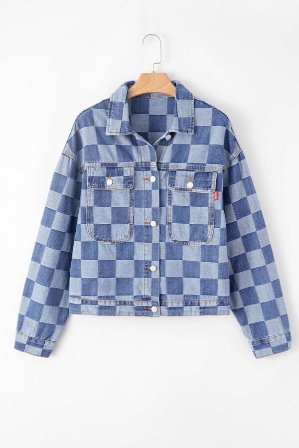 Light Blue Checkered Patchwork Button up Denim Jacket