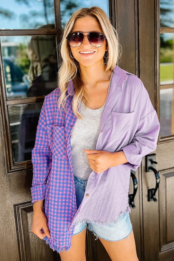 Purple Mixed Plaid Button Down Long Sleeve Chest Pocket Shirt