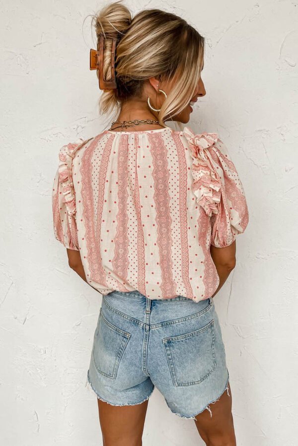 Red Frilled Short Puff Sleeve Mixed Print Blouse