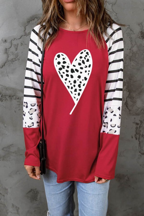 Red Valentines Leopard Heart Print Color Block Long Sleeve Top