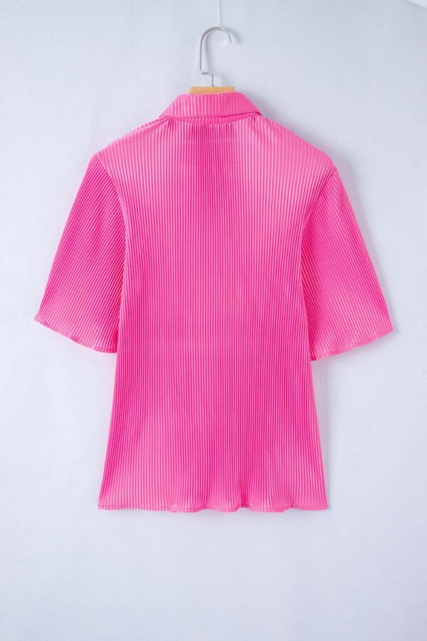 Bright Pink Satin Pleated Short Sleeve Shirt