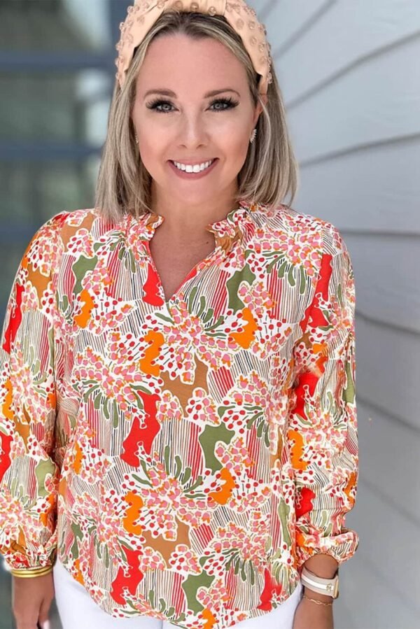 Orange Printed Floral Abstract Print Frilled V Neck Plus Size Blouse