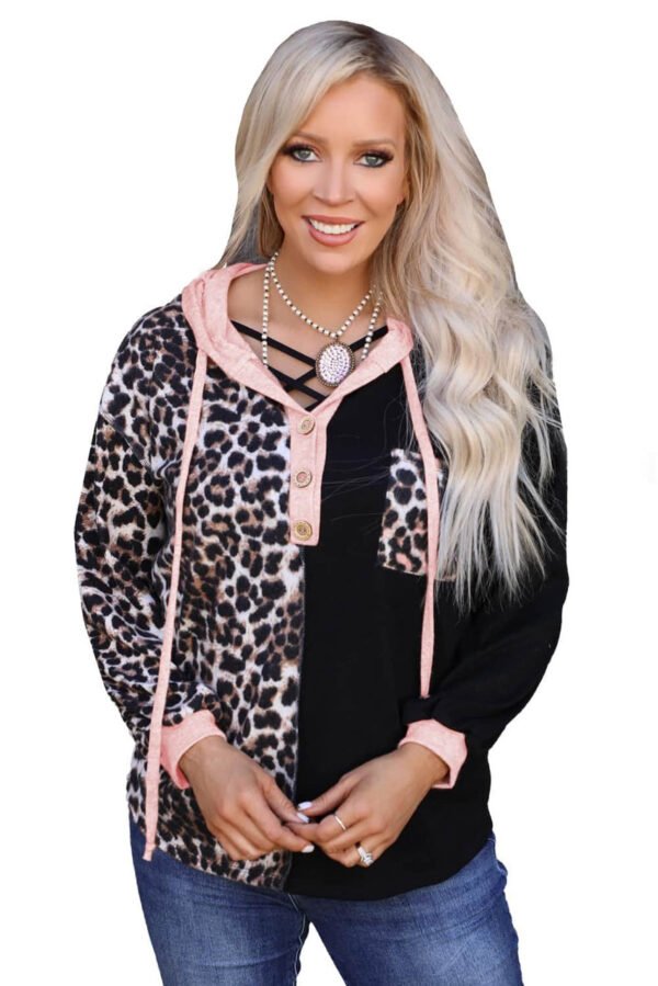 Black Leopard Patchwork Buttoned Hooded Sweatshirt