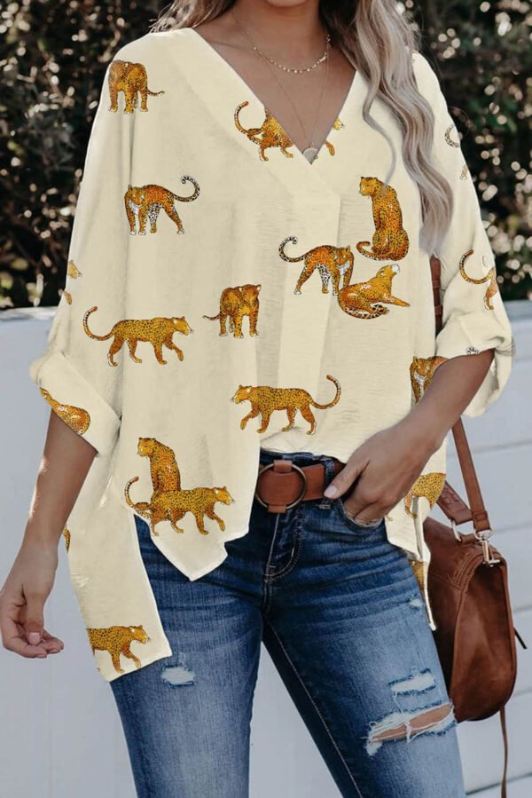 Apricot Printed Leopard Print Tab Sleeve Loose Fit V Neck Blouse