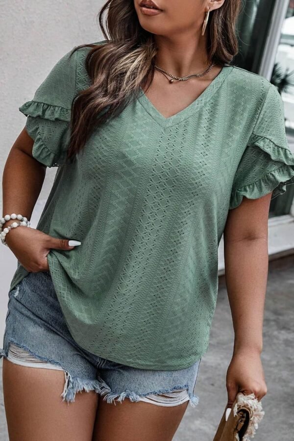 Laurel Green Petal Sleeve Jacquard V Neck Curvy Blouse