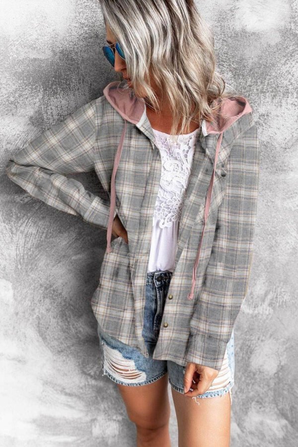 Khaki Drawstring Plaid Hooded Shirt Coat