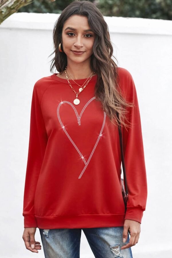 Fiery Red Rhinestone Heart Shaped Long Sleeve Sweatshirt