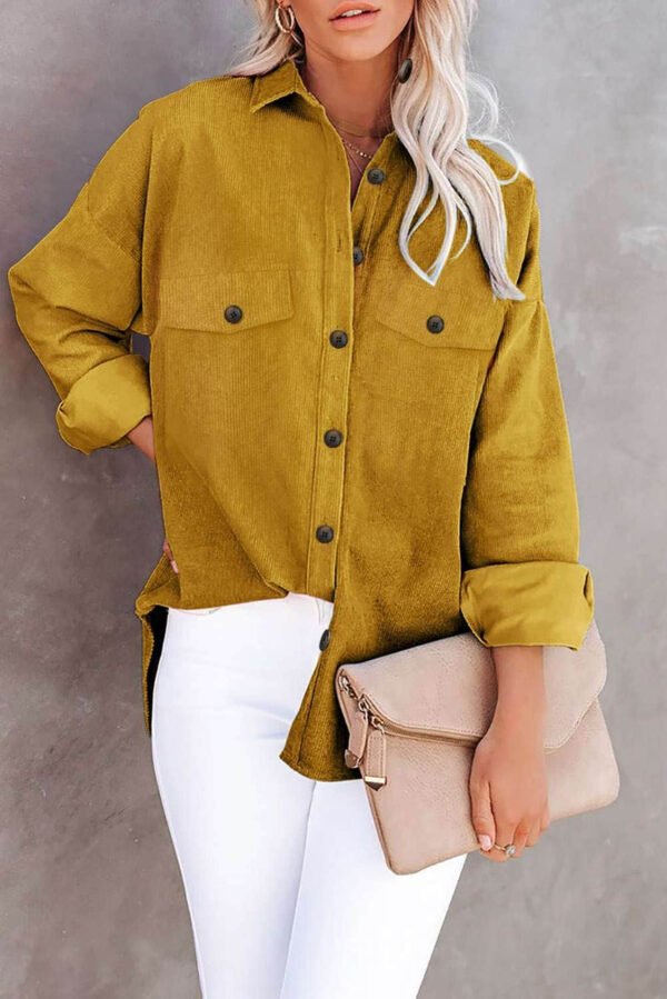 Yellow Corduroy Long Sleeve Button-up Shirt Coat