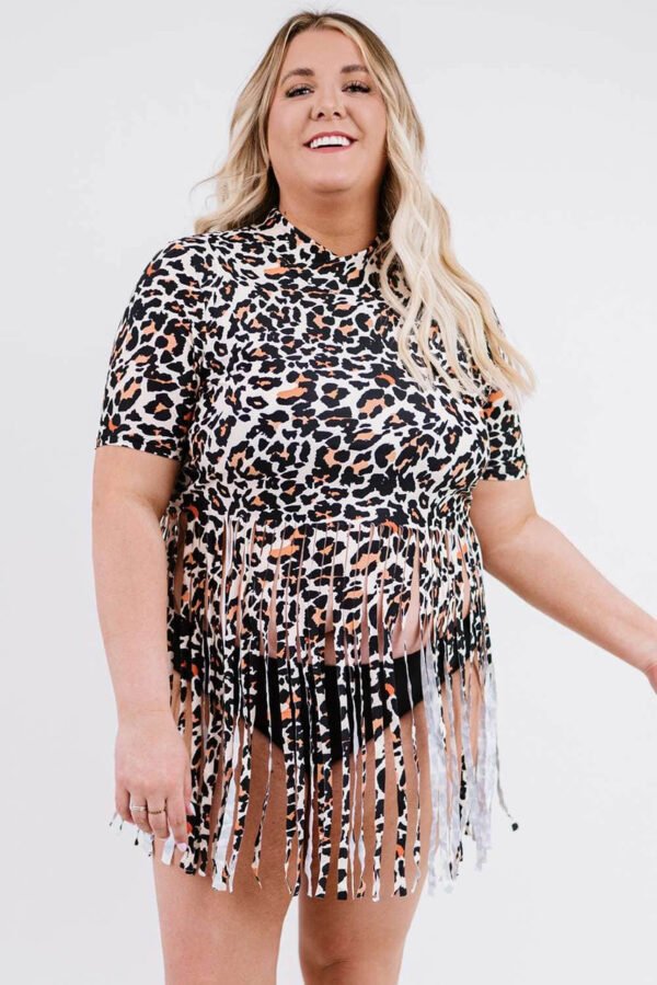 Plus Leopard Fringe Hem Short Sleeve Tankini