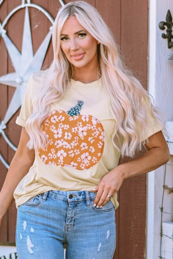 Khaki Sweet Floral Pumpkin Graphic Tee