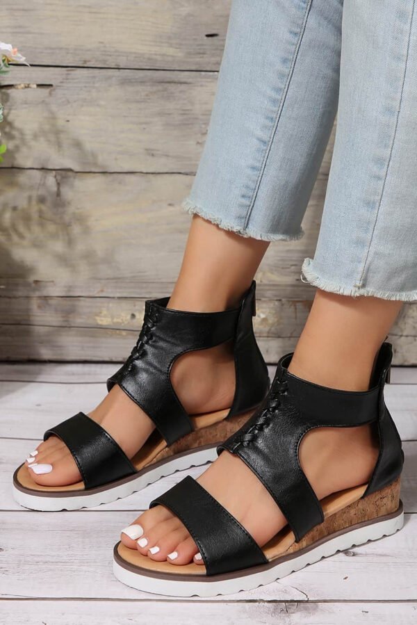 Black Crisscross Detail Hollowed Leather Gladiator Sandals