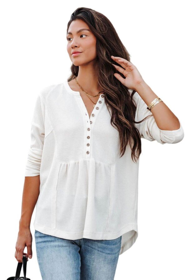 White Waffle Knit Half Button Henley Top