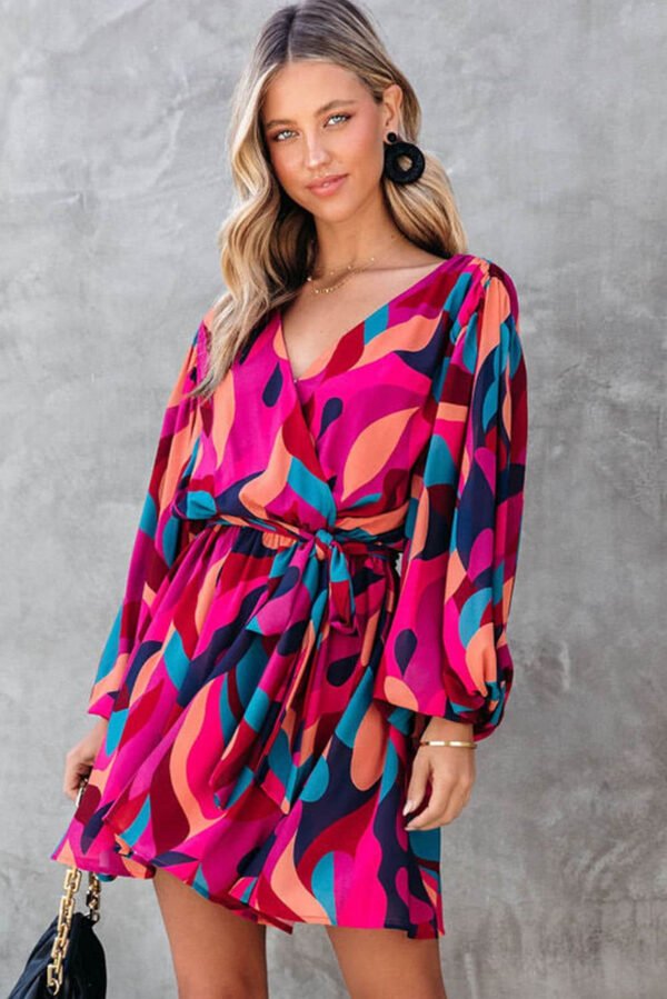 Red Abstract Printed Belted Puff Sleeve Mini Dress