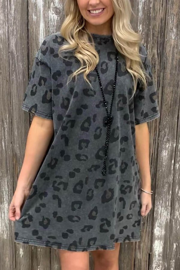 Gray Vintage Washed Leopard T-Shirt Dress with Pockets