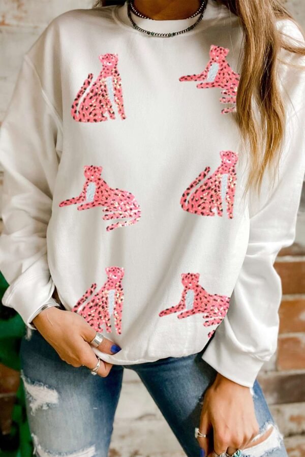 Beige Sequin Cheetah O Neck Drop Shoulder Sweatshirt