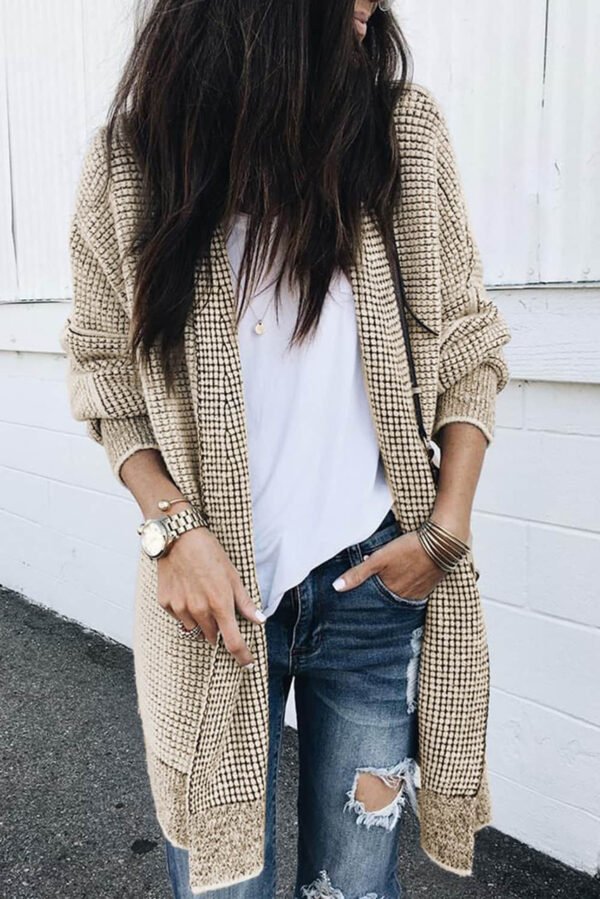 Apricot Plaid Knitted Long Open Front Cardigan