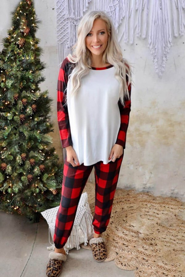 Red Plaid Raglan Sleeves Top and Drawstring Pants Lounge Set