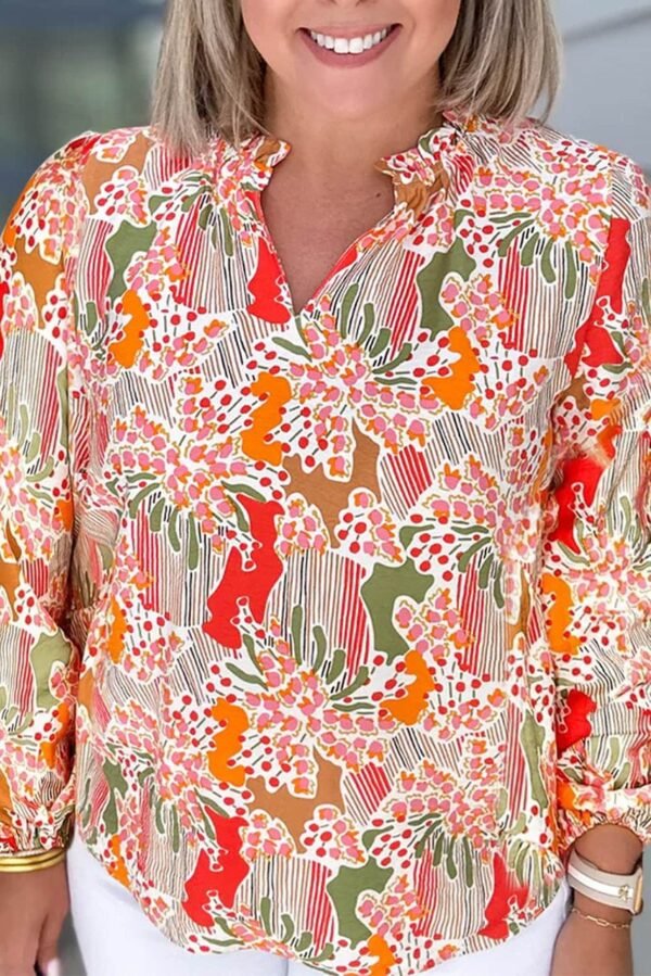 Orange Printed Floral Abstract Print Frilled V Neck Plus Size Blouse