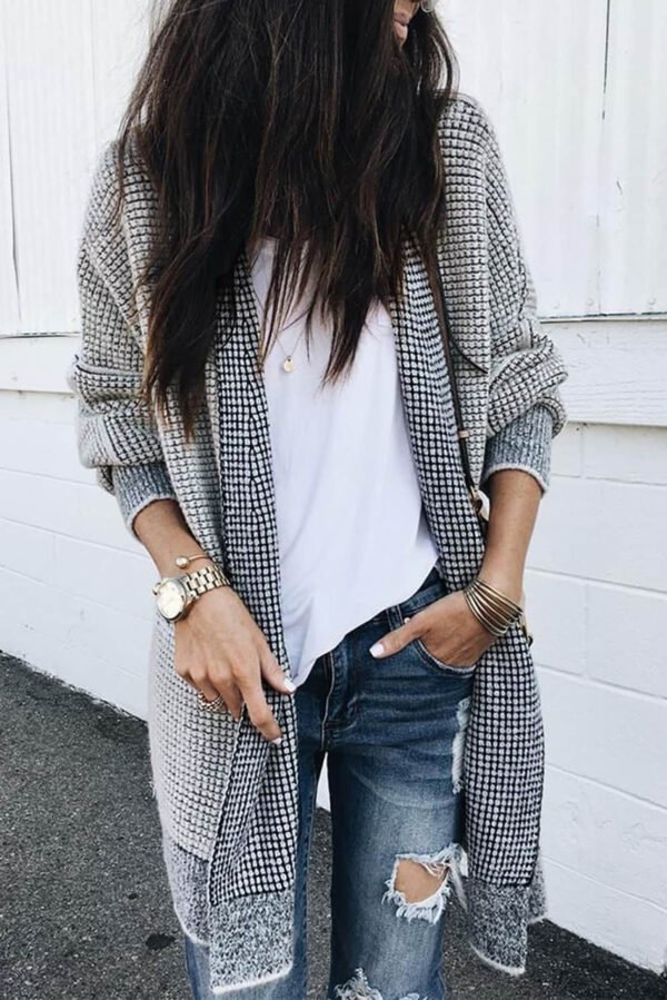 Gray Plaid Knitted Long Open Front Cardigan