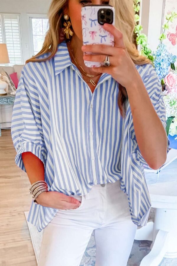 Sky Blue Stripe Dolman Sleeve Oversize Shirt