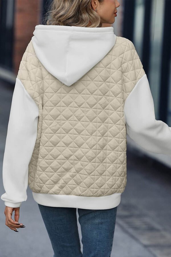 Beige Drop Shoulder Quilted Patchwork Kangaroo Pocket Hoodie