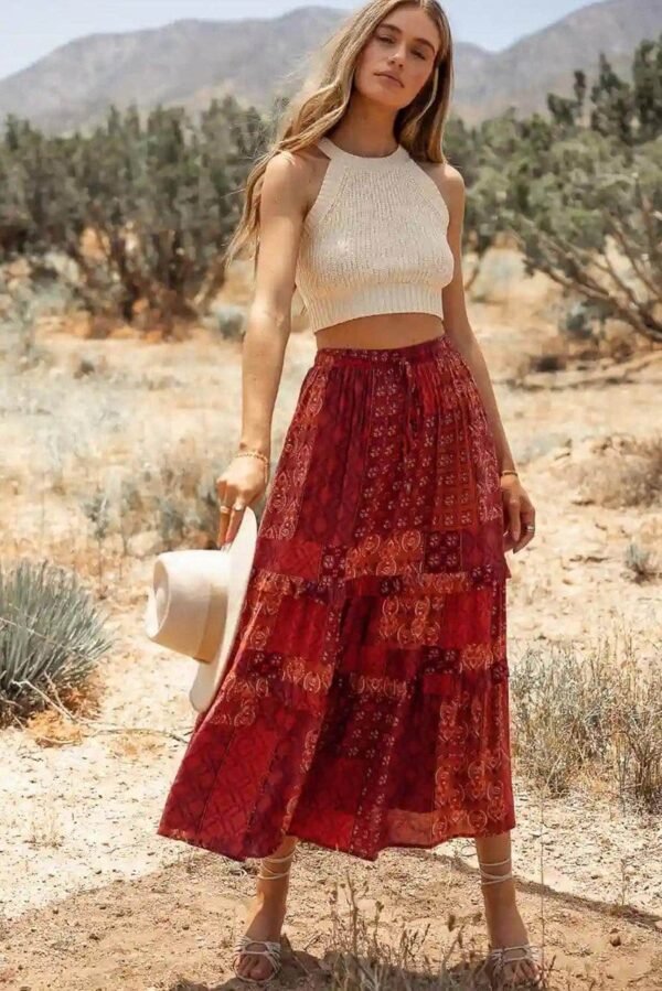 Red Bohemian Mix Print Long Flared Skirt