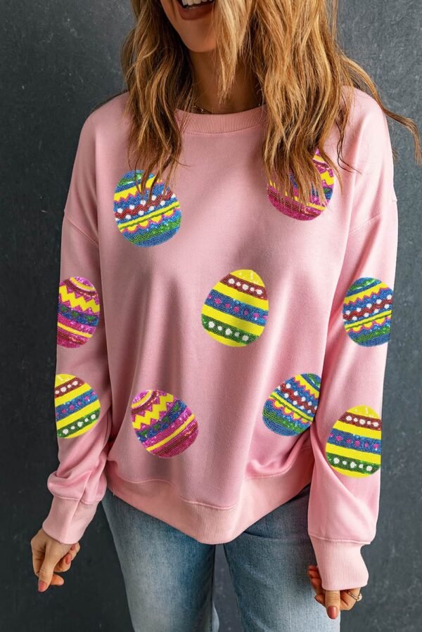 Pink Easter Egg Sequin Patched Crew Neck Sweatshirt