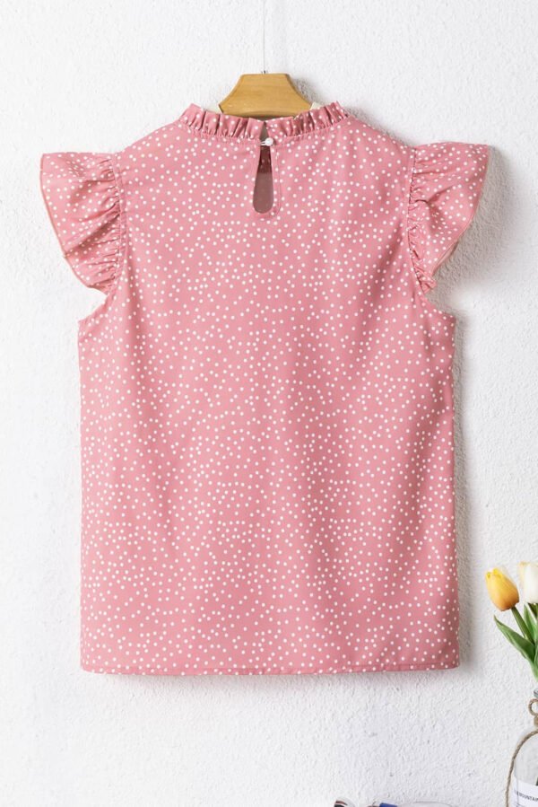 Pink Polka Dots Ruffle Flutter Sleeve Frilled Neck Blouse