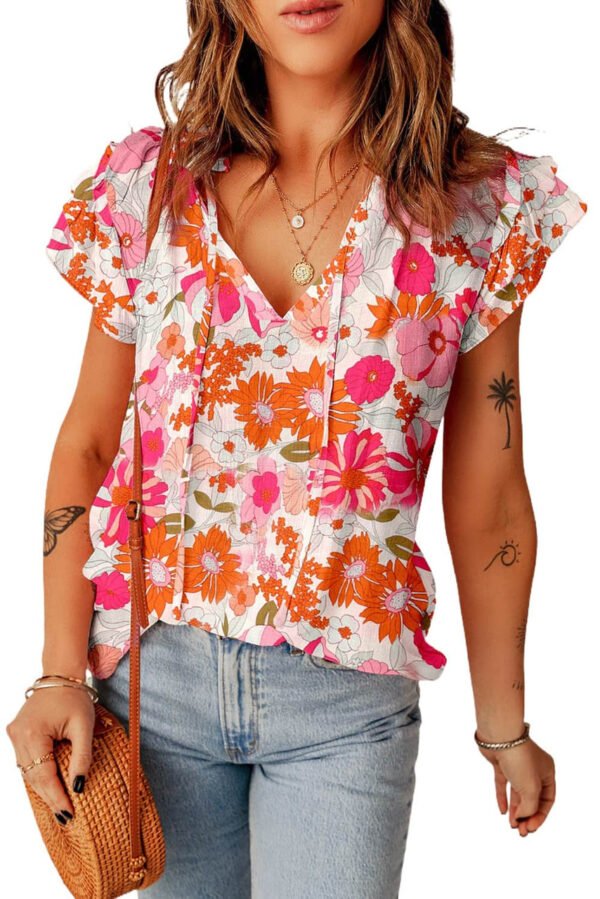 Multicolor Split V Neck Ruffle Sleeve Floral Blouse