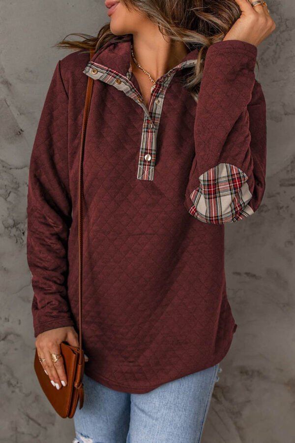 Red Geometric Texture Plaid Trim Sweatshirt