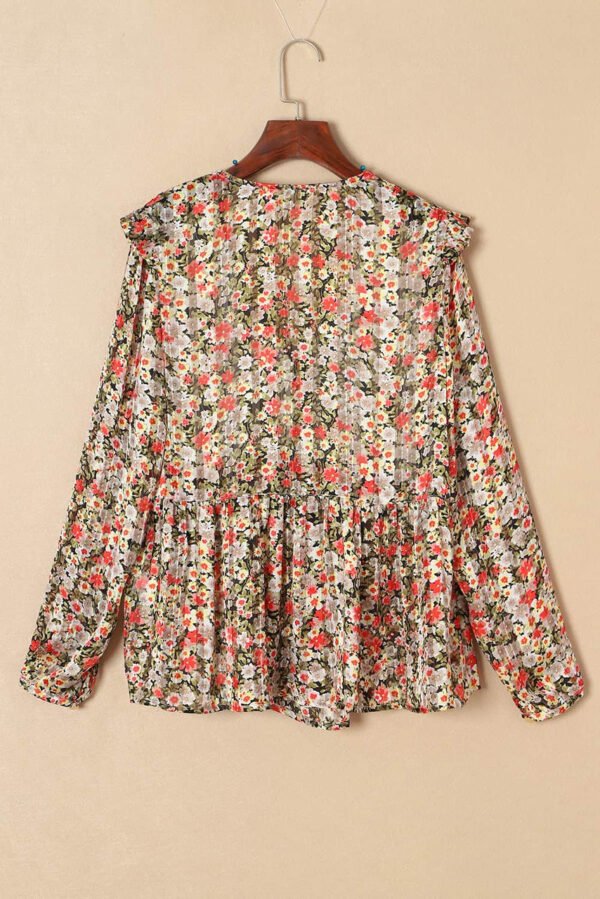 Khaki V Neck Ruffled Babydoll Floral Blouse