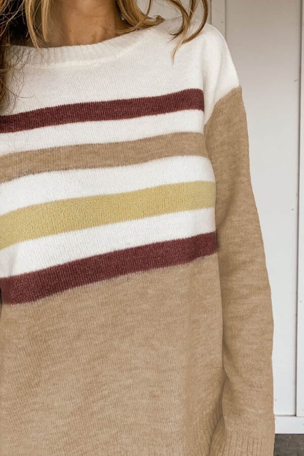 Khaki Crew Neck Striped Long Sleeve Sweater