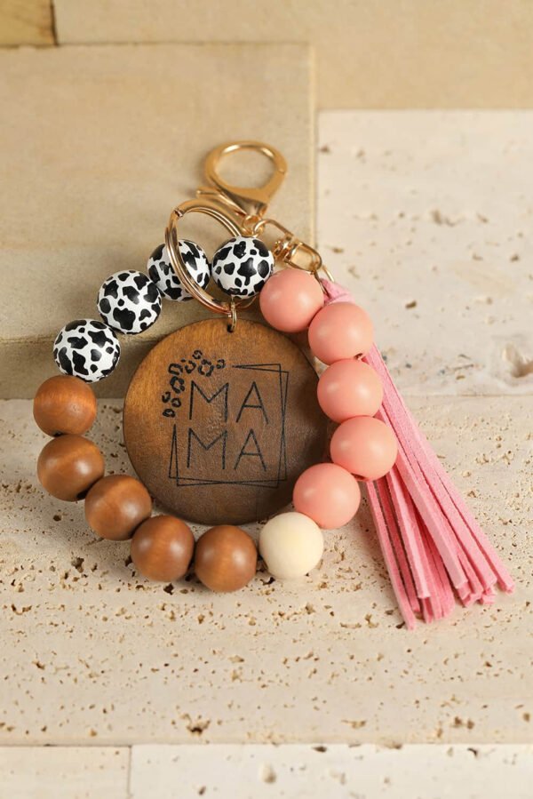 Pink MAMA Wood Pendant Leopard Fringe Keychain
