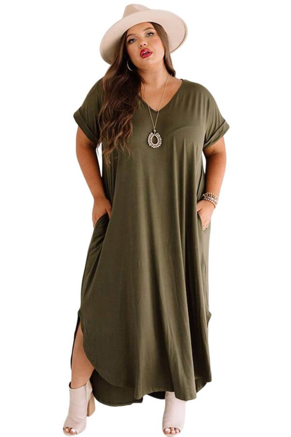 Green Plus Size V Neck Rolled Cuffs Maxi Dress