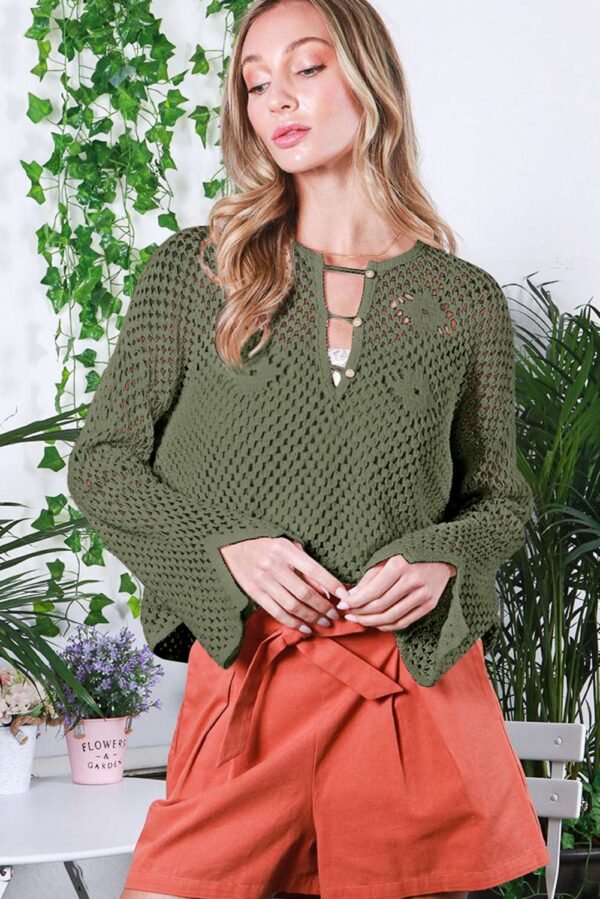 Vineyard Green Open Knit Buttoned Neck Split Sleeve Sweater